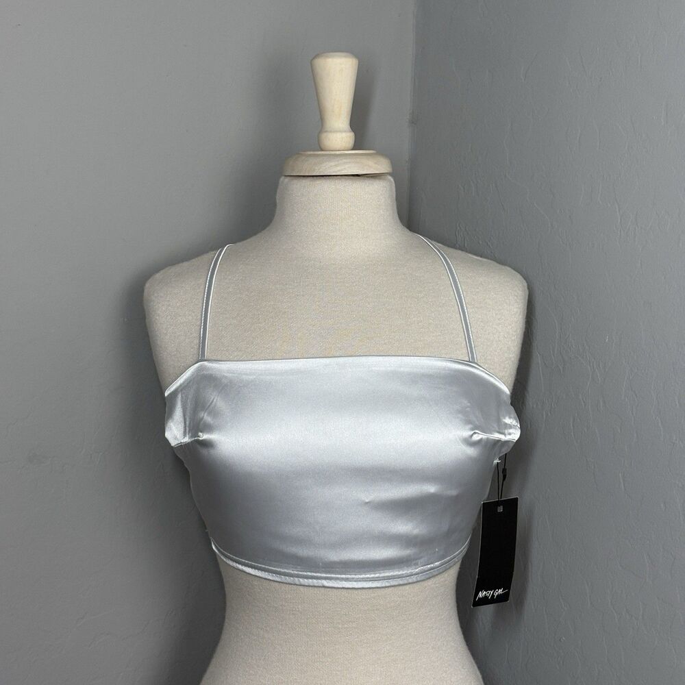 NWT Nasty Gal Back At It Crop Top  Womens Size 6 Silver Satin Tie Back Cyberpunk